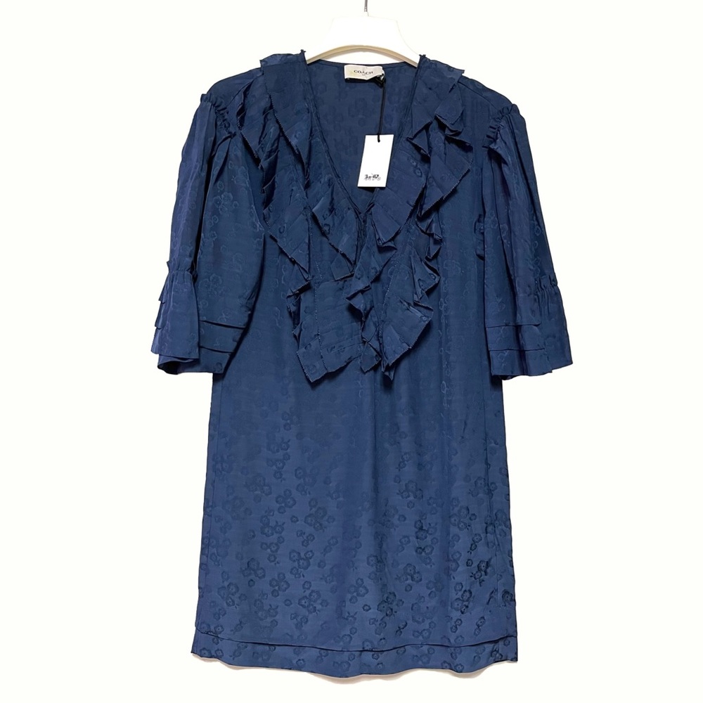 Coach Short Glam Rock Prairie Ruffle Dress Navy Floral Jacquard Size 0 NWT